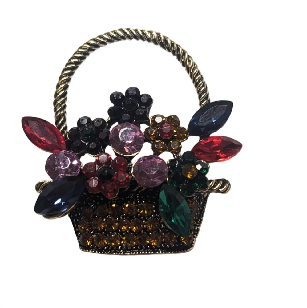 Vintage Multicolor Rhinestone Flower‎ Basket Brooch